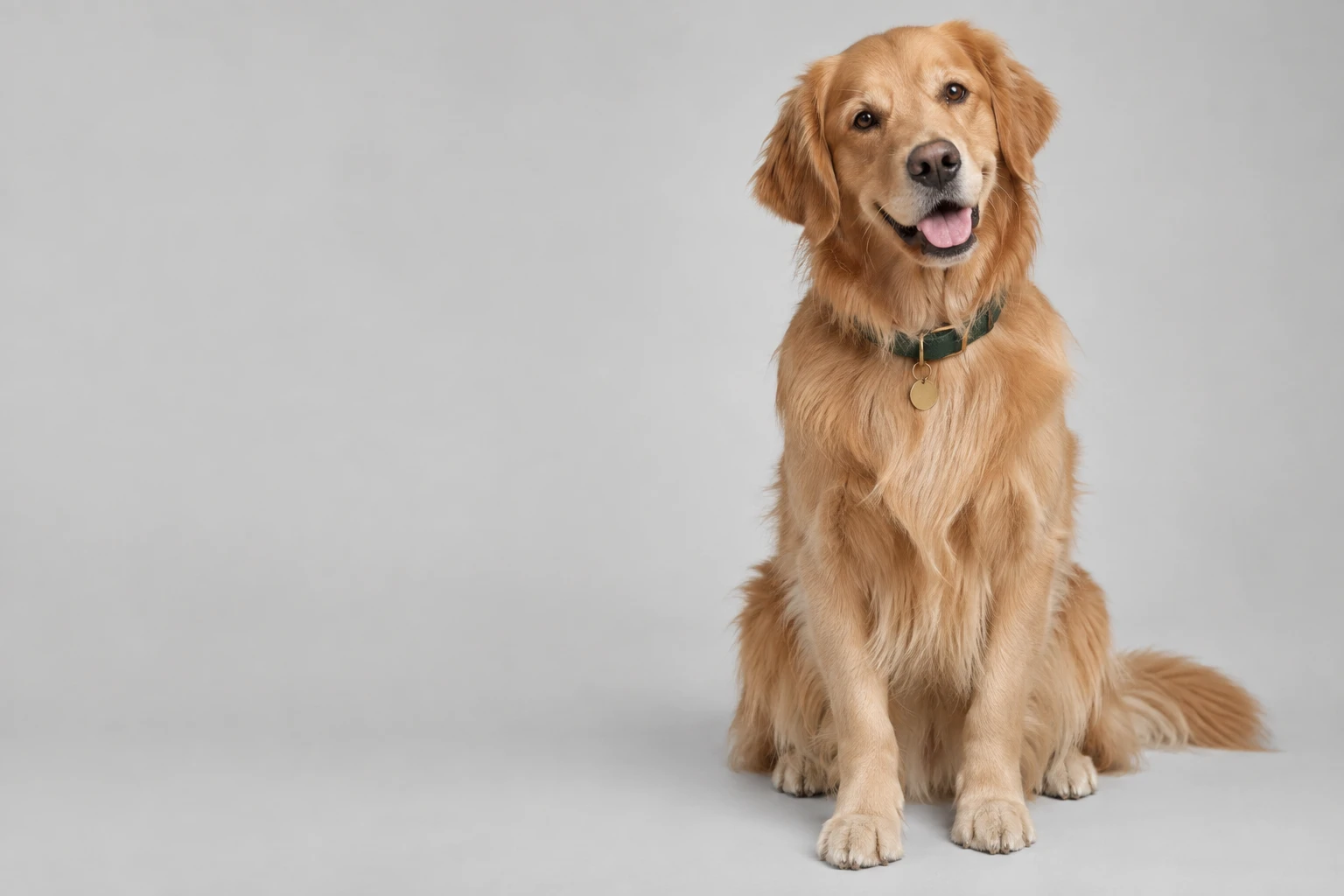 Tommy, a beautiful golden retriever wearing a green collar